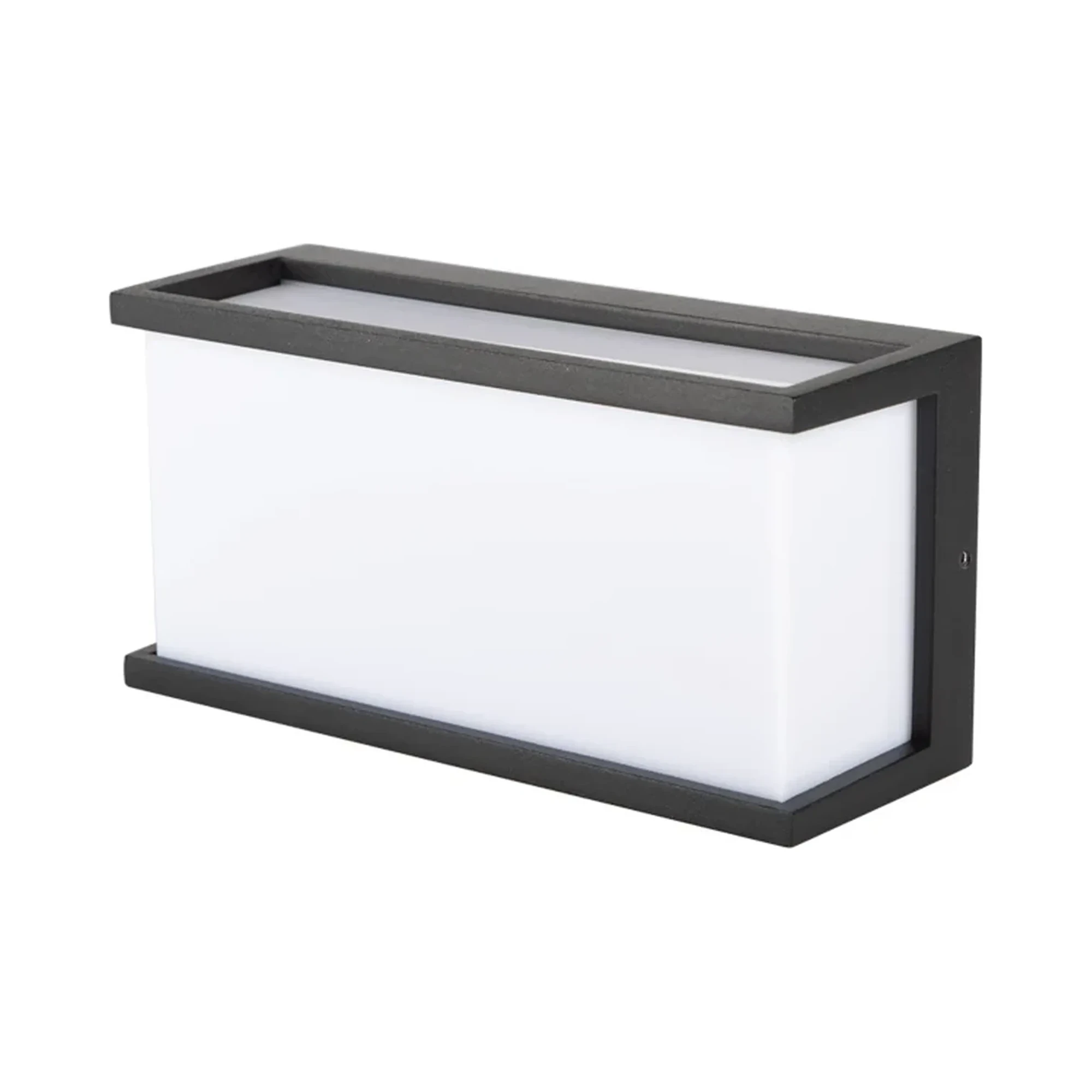 Aplique LED de exterior rectangular de 12W: caja opal blanca con marco de aluminio negro arriba y abajo, sobre fondo blanco