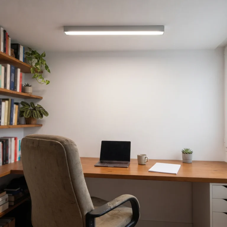Aplique lineal LED de techo gris plata sobre la mesa de un despacho en casa, con luz neutra para trabajar