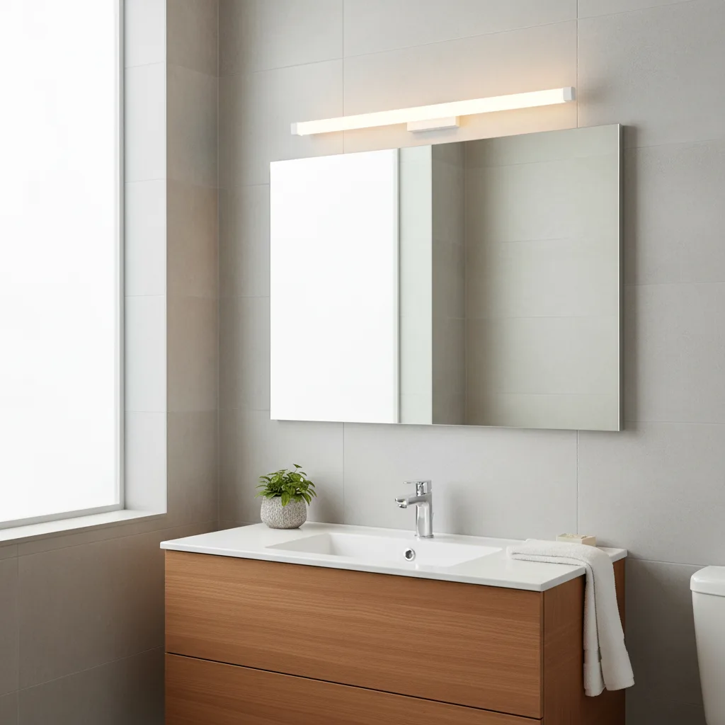 Aplique lineal LED junto al espejo del baño