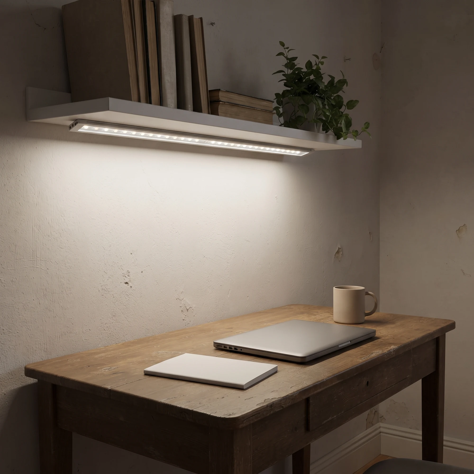 Iluminación del escritorio con un aplique lineal LED regulable bajo una balda