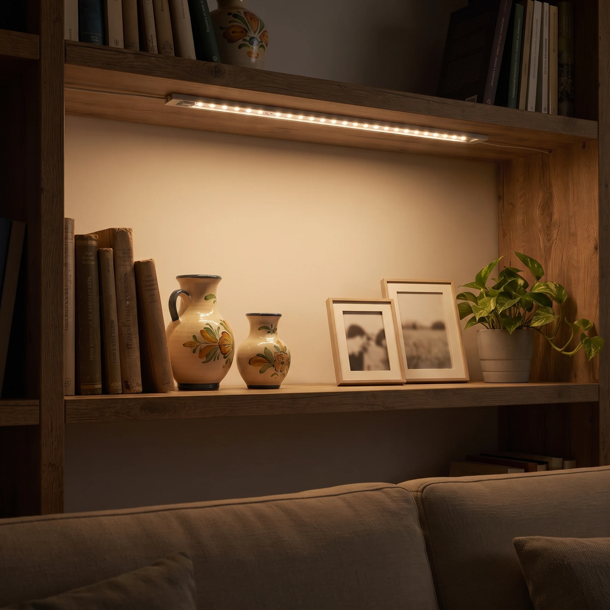 Luz cálida y baja en la estantería del salón con un aplique lineal LED