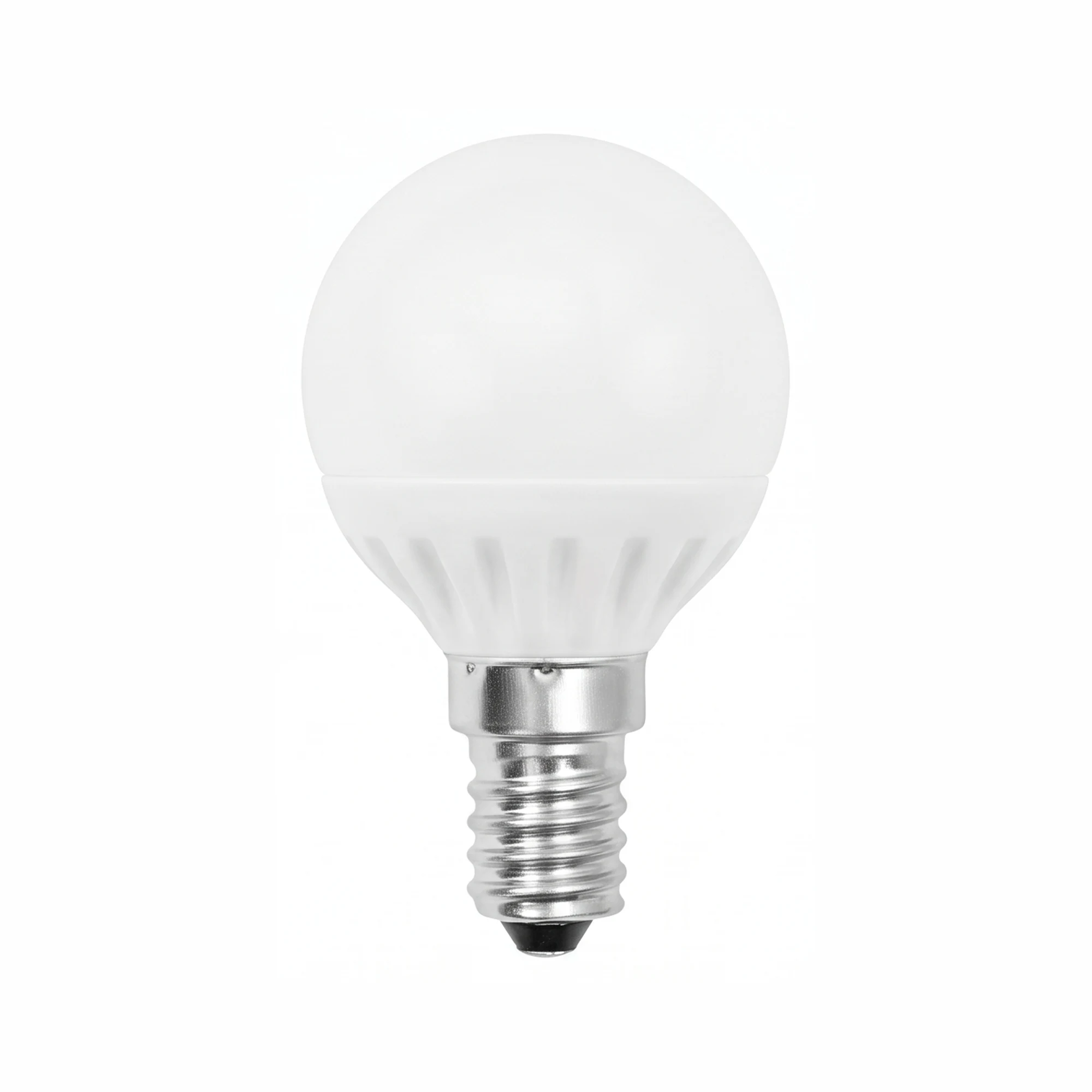 Bombilla LED E14 esférica 3W de luz cálida (3000K) con rosca fina E14, sobre fondo blanco