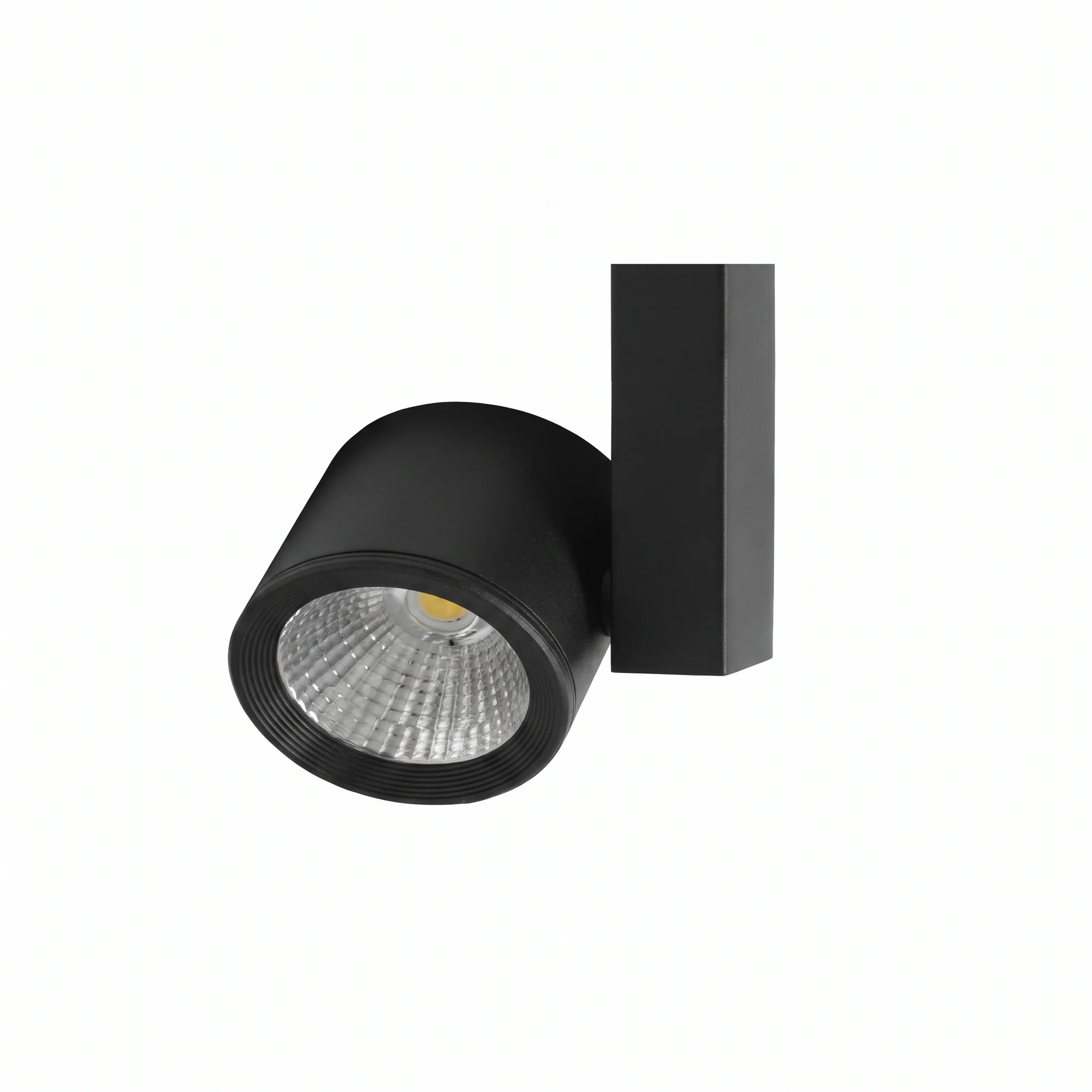 Foco LED carril negro de 13W con cabeza cilíndrica orientable y adaptador para carril trifásico