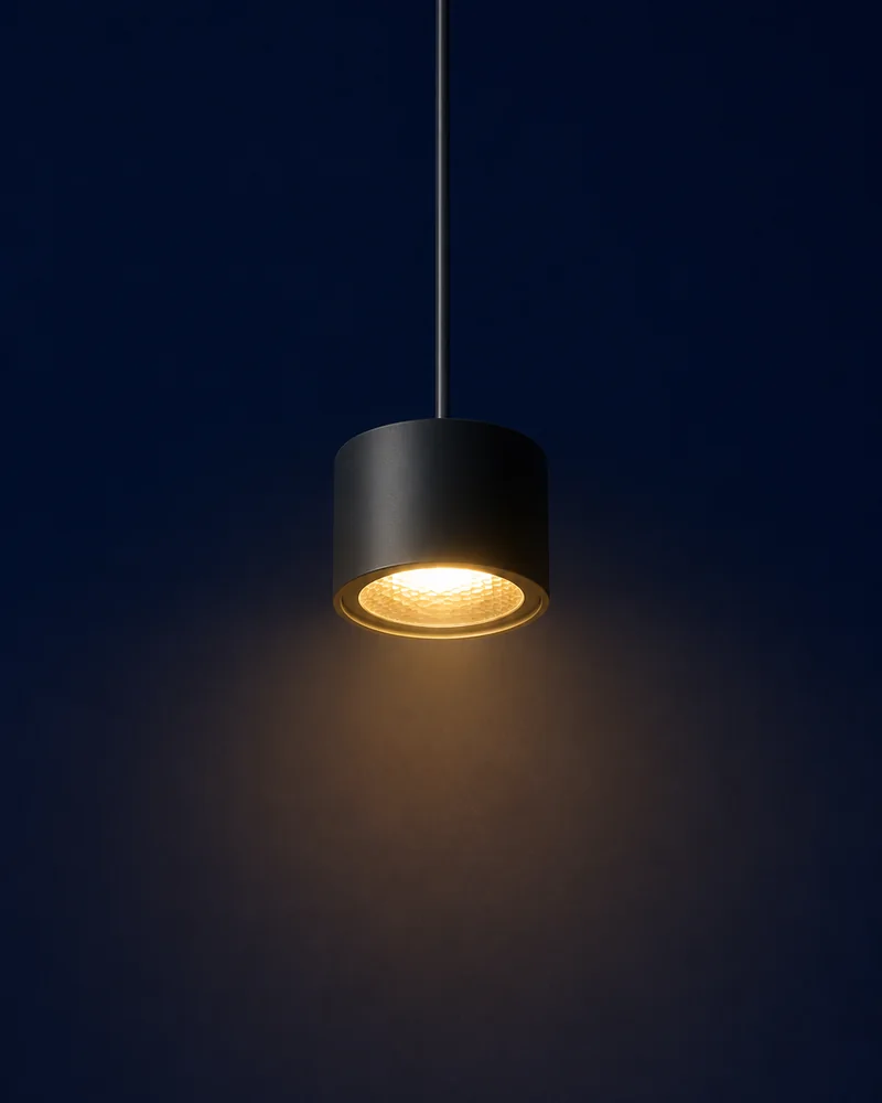 Luminaria LED colgante encendida con luz cálida 3000K · iluminación profesional ePrilux