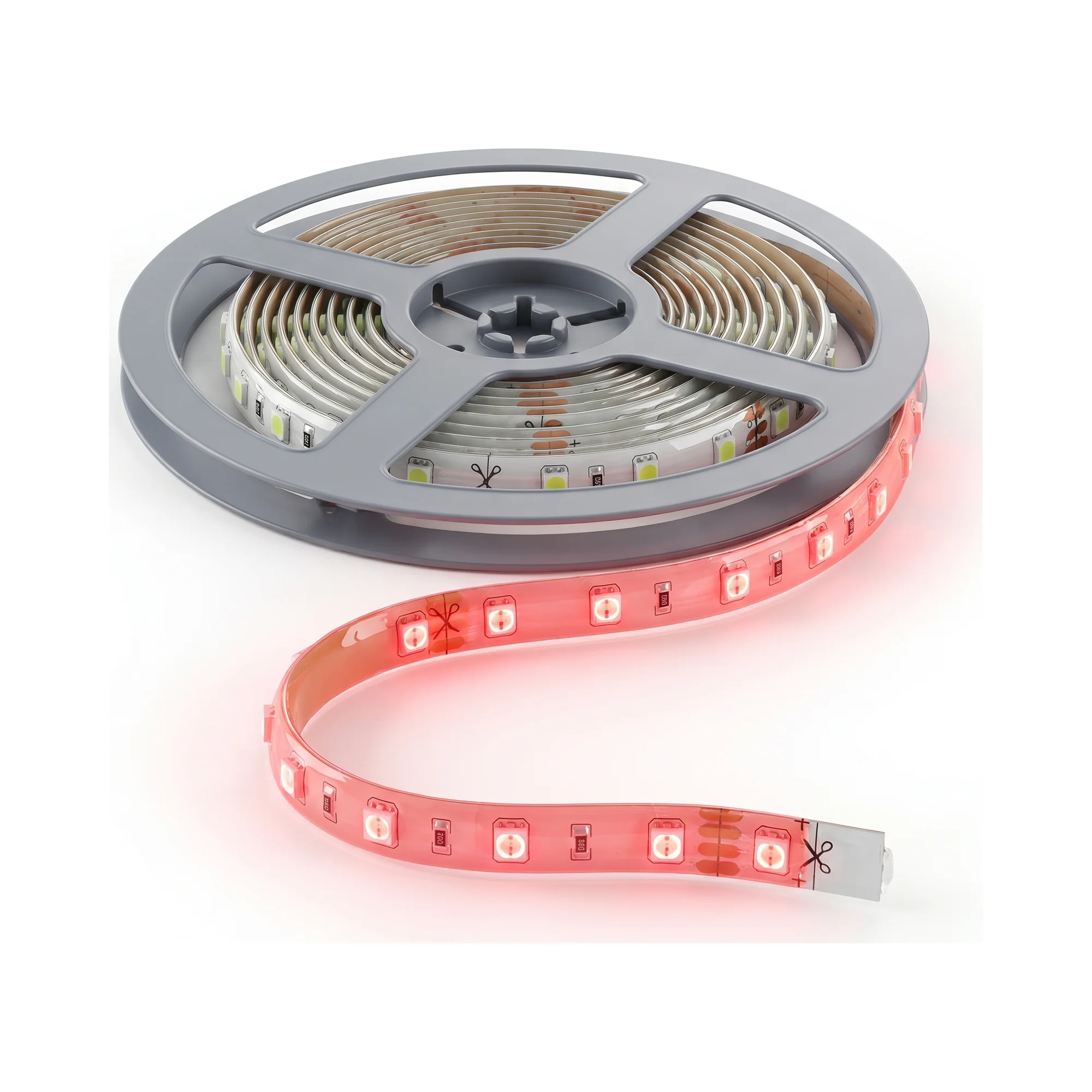 Tira LED roja de exterior IP65, rollo con un tramo encendido