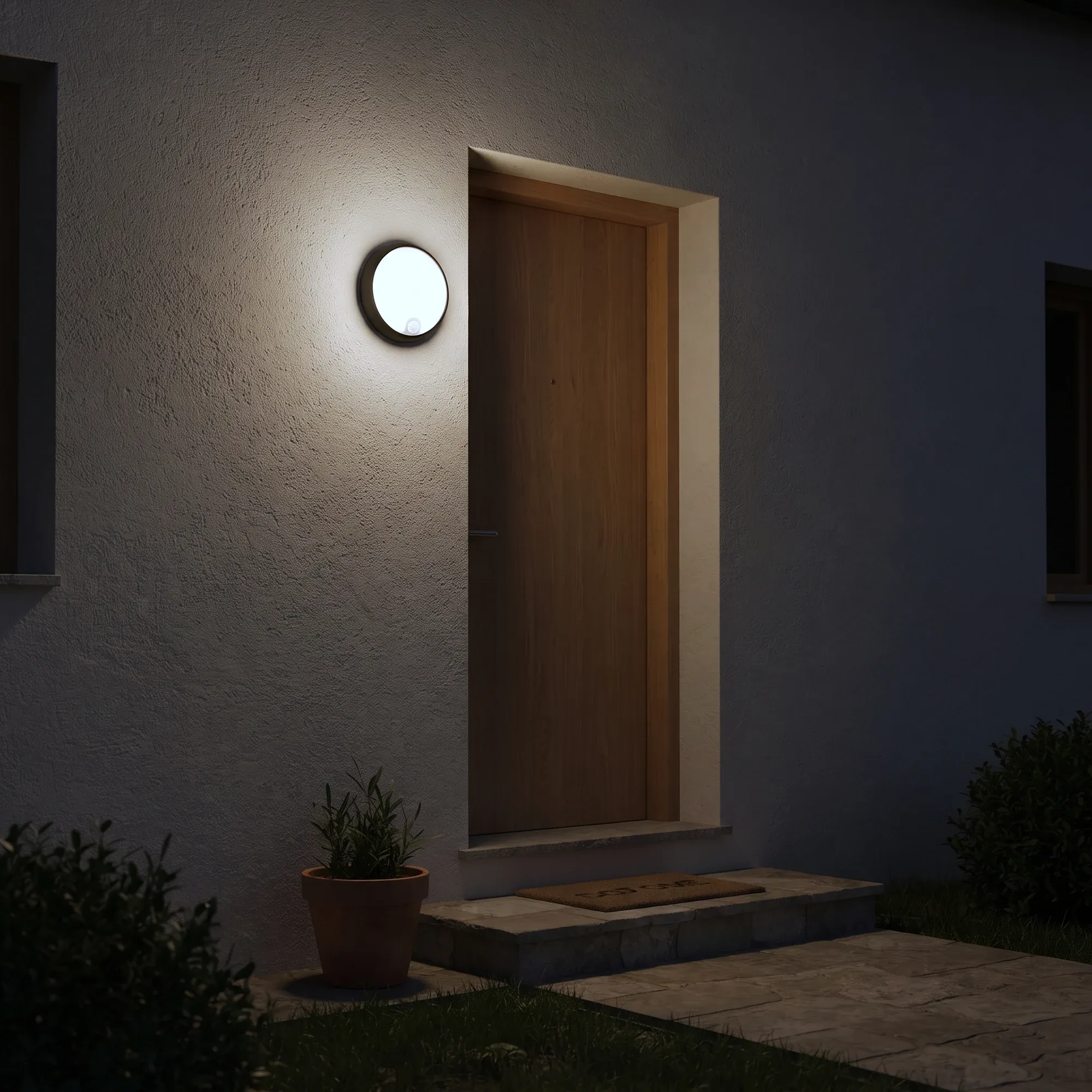 Aplique de exterior con sensor encendido en la entrada de casa