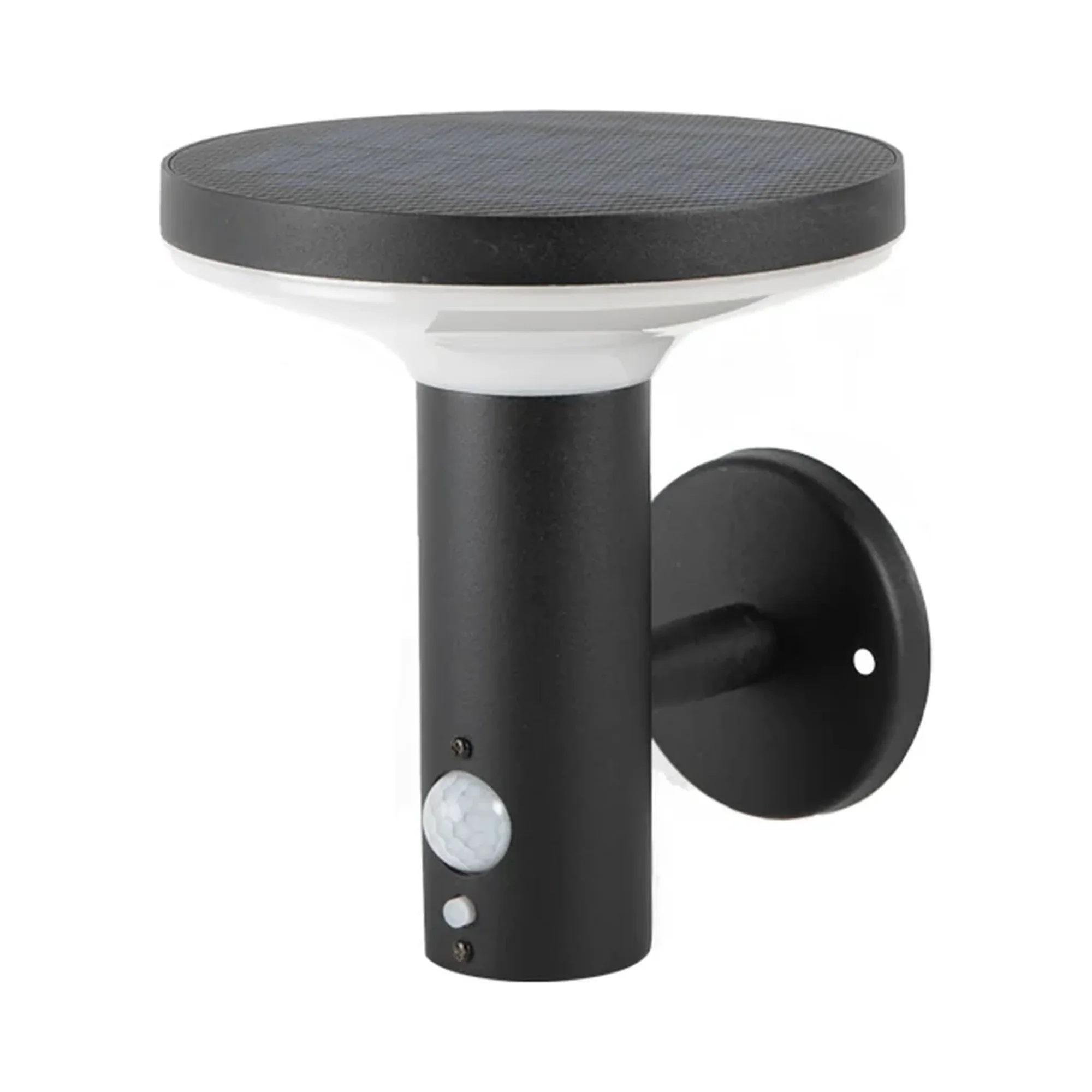 Aplique solar de diseño negro con placa solar redonda arriba, aro de luz y sensor de movimiento, luz neutra 4000K