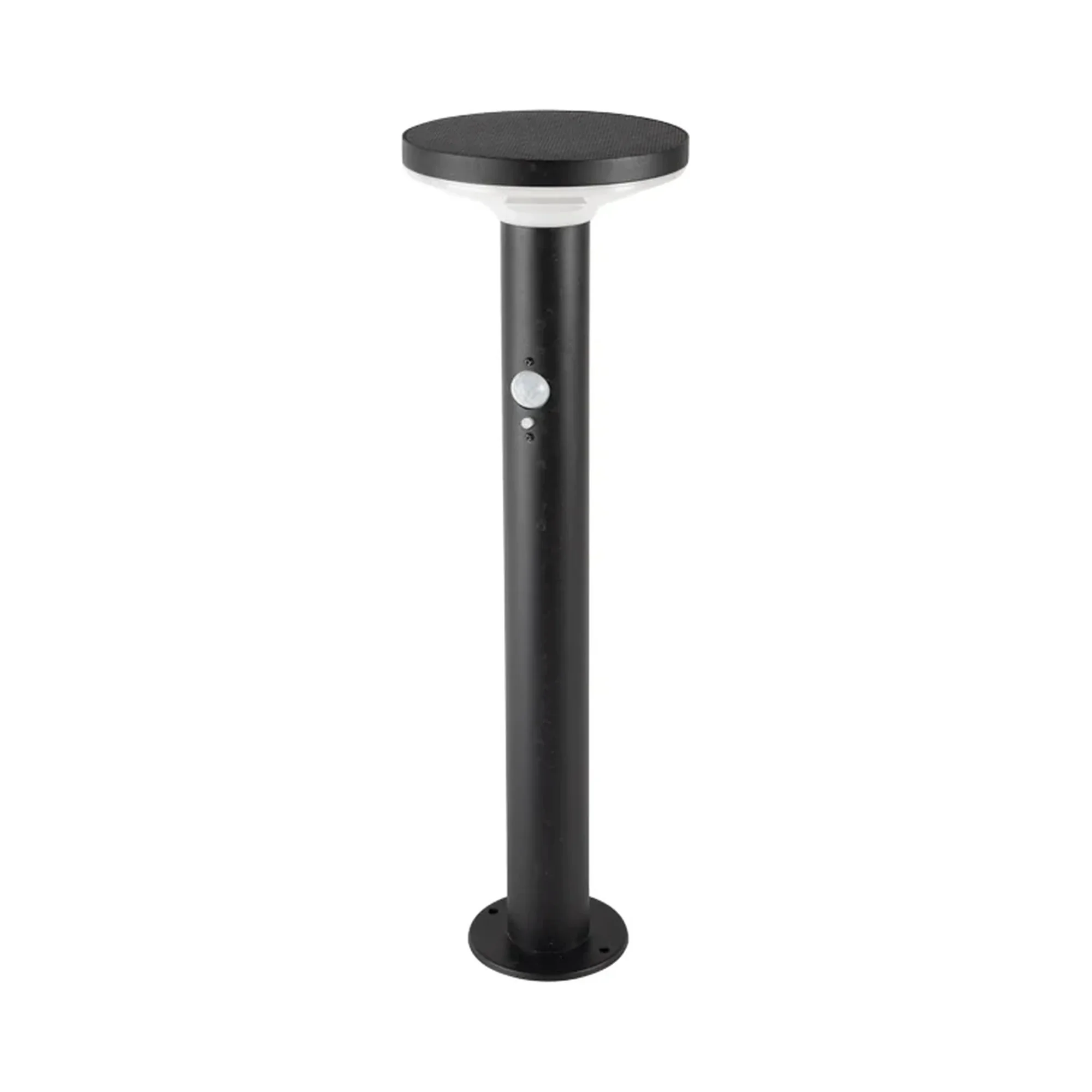 Baliza solar con sensor de 50 cm en negro, con placa solar redonda arriba y aro de luz neutra 4000K