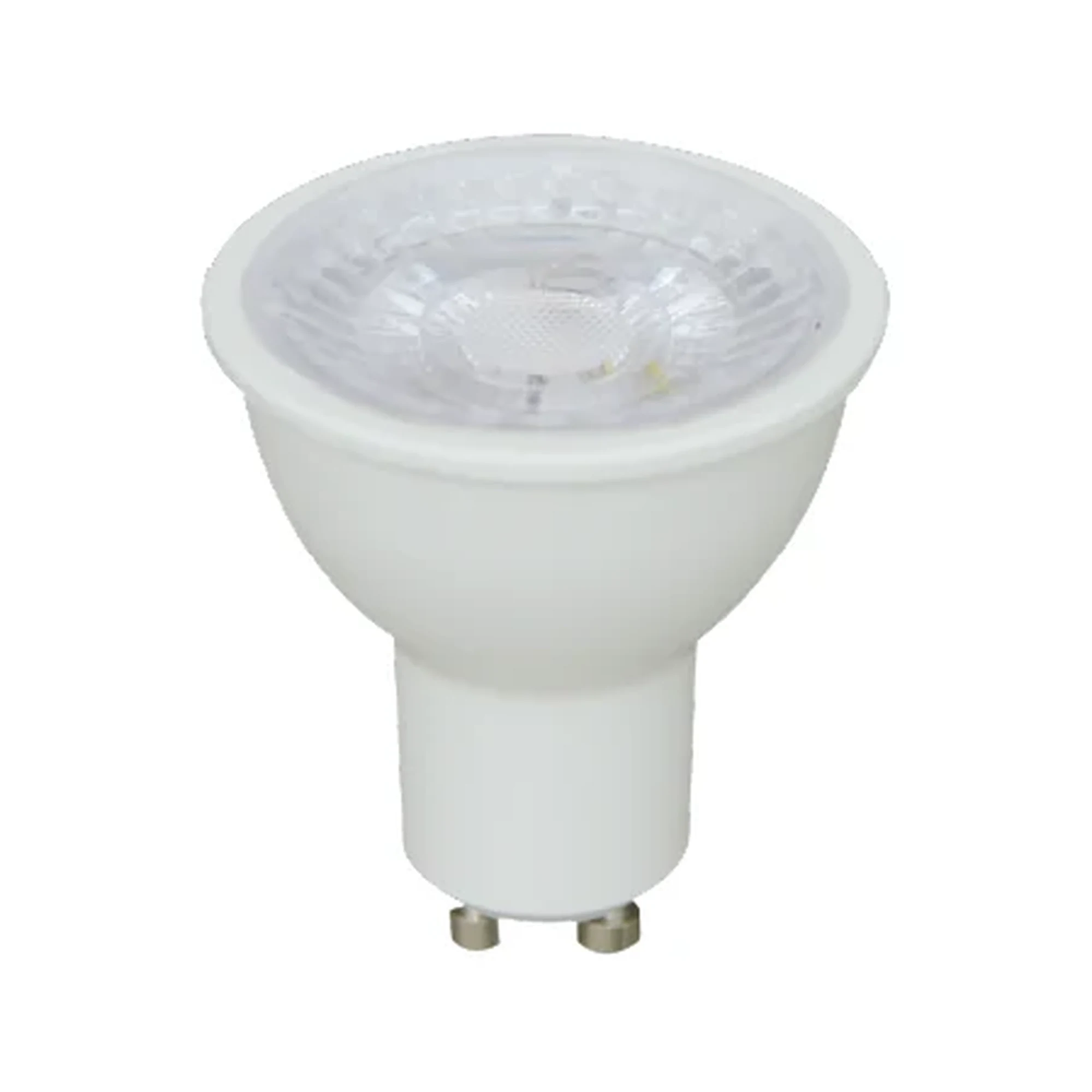 Bombilla LED GU10 dicroica 7W 35 grados de luz fría (5000K), con lente transparente y casquillo GU10, sobre fondo blanco