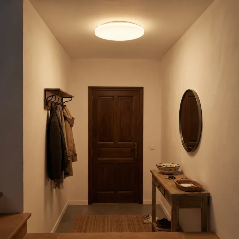 Downlight LED de superficie circular con sensor en un recibidor, luz cálida