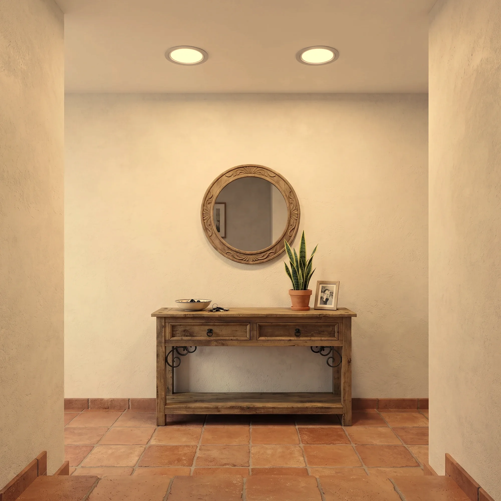 Downlight LED empotrable circular instalado en el techo, con el aro tapando el hueco