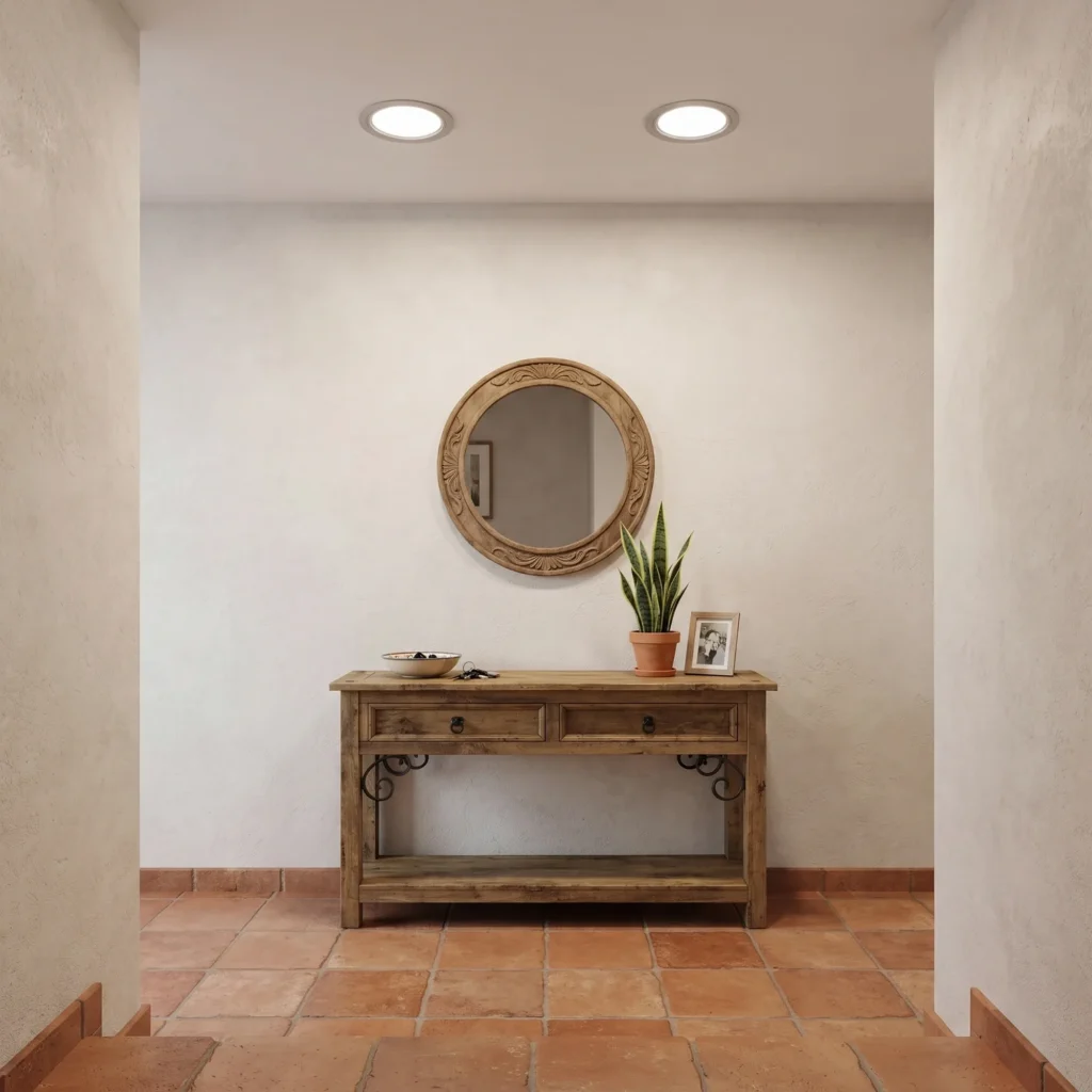 Downlight LED empotrable circular gris en un recibidor, luz neutra