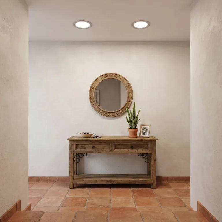 Downlight LED empotrable circular gris en un recibidor, luz neutra
