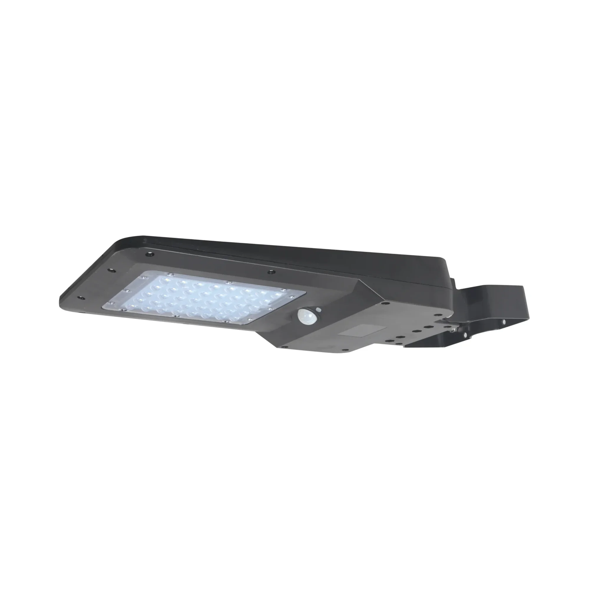 Farola solar pequeña con sensor de 15W en gris oscuro, todo en uno con la placa integrada arriba y luz cálida