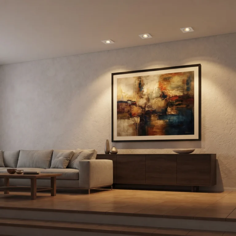 Foco LED empotrable orientable cuadrado blanco en un salón, luz cálida