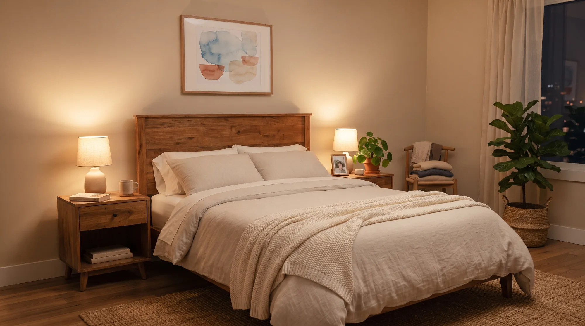 Dormitorio con luz cálida de 2.700 K en las mesillas