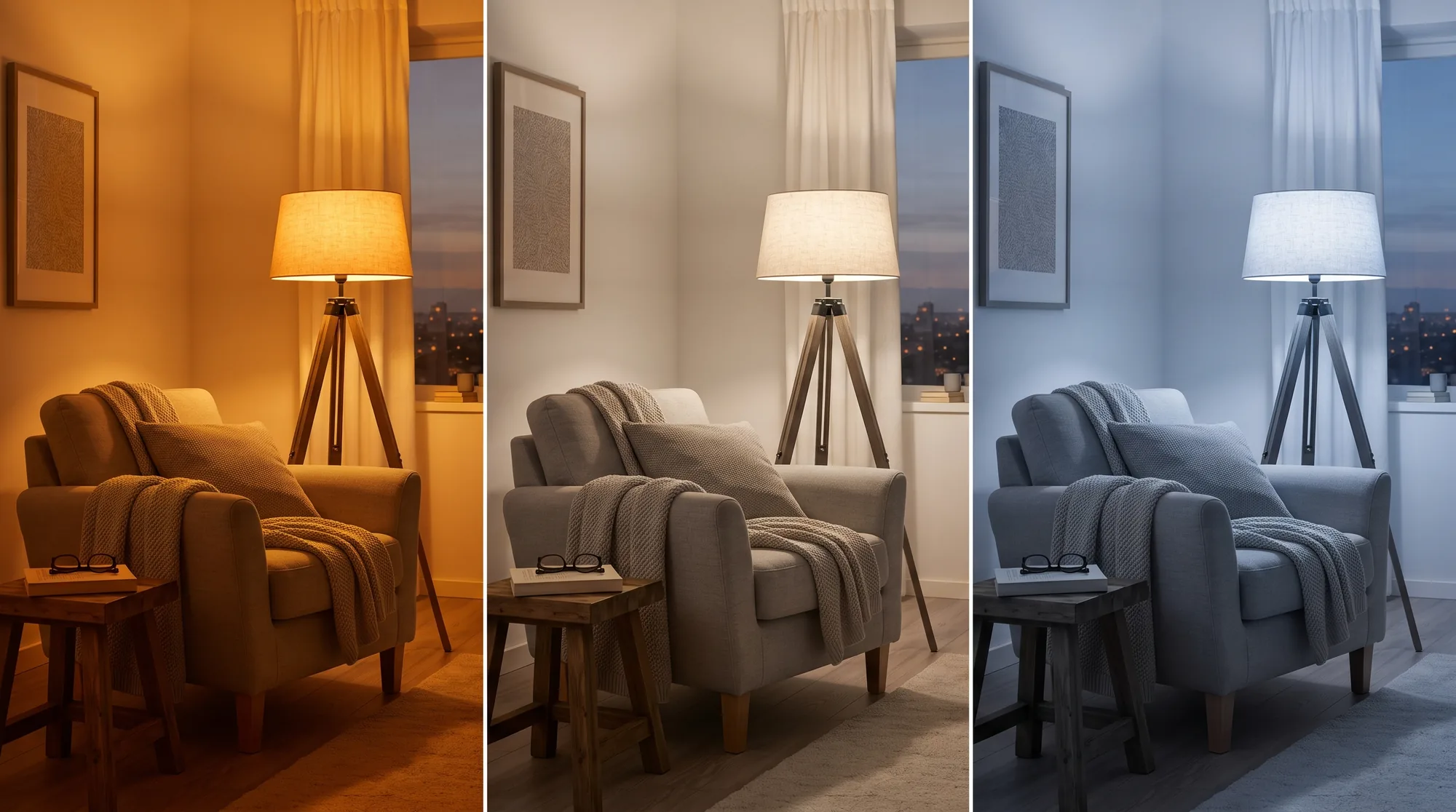 Temperatura de color comparada: la misma esquina con luz cálida, neutra y fría